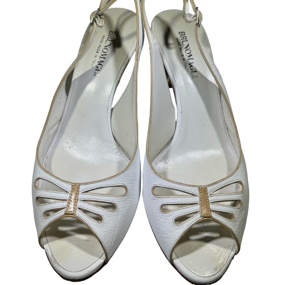 BRUNO MAGLI Vintage Handmade White Leather Slingback Heels w/Peep Toe - Size 9